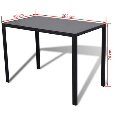 Mesa retangular preta com tampo liso e estrutura metálica, dimensões marcadas.