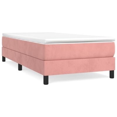 Cama individual estofada rosa claro com colchão branco e pernas pretas