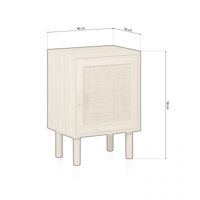 Móvel pequeno de madeira clara com porta de padrão de ráfia e pernas cilíndricas