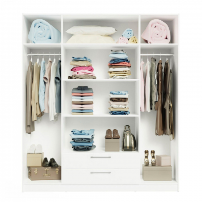 Roupeiro branco com roupa dobrada e pendurada, sapatos e caixas organizadoras
