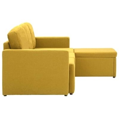 Sofá chaise longue amarelo em tecido com almofadas costuradas verticalmente