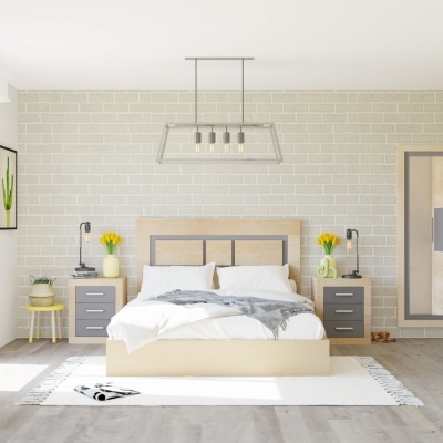 Quarto moderno com cama de casal, mesas de cabeceira, candeeiros e decoração em tons neutros e amarelos.