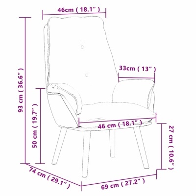 Desenho técnico de uma cadeira com medidas em centímetros e polegadas