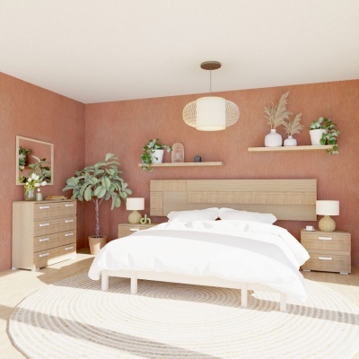 Quarto com cama de madeira clara, decoração com plantas e parede terracota