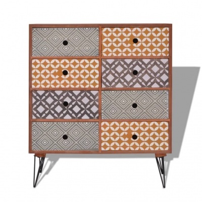 Móvel com oito gavetas decoradas com padrões geométricos em cinzento, laranja e branco