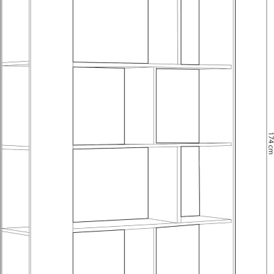 Estante branca de madeira com várias prateleiras assimétricas