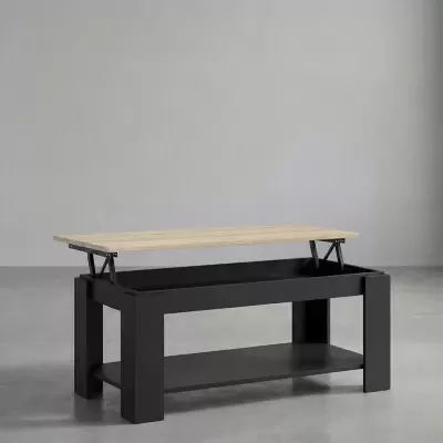 Mesa de centro com tampo elevatório em madeira clara e estrutura em metal preto