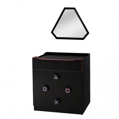 Móvel de arrumação preto com botões decorativos e espelho hexagonal preto