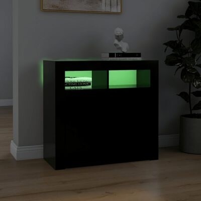 Móvel preto com iluminação verde e decoração, incluindo busto branco e livros.