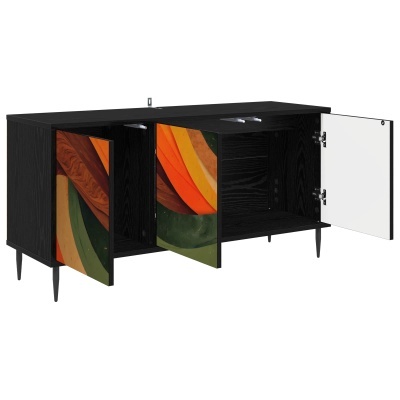 Móvel preto com portas coloridas abertas, formato abstrato, interior negro e porta branca aberta