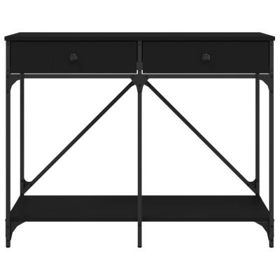 Mesa consola preta com duas gavetas e prateleira inferior