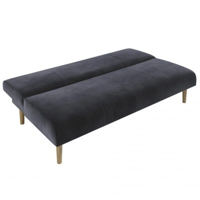 Sofá-cama preto com pernas de madeira em fundo branco