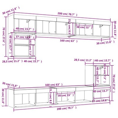 Mobiliário branco com múltiplos compartimentos e dimensões indicadas em rosa