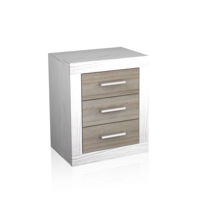 Móvel com três gavetas em madeira branca e castanho claro