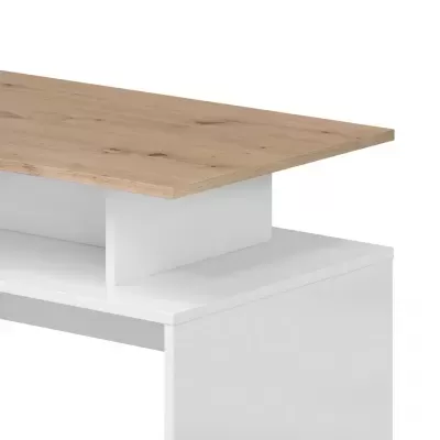 Mesa com tampo de madeira clara e base branca