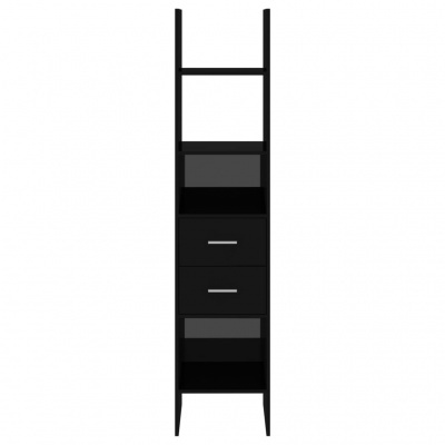 Móvel alto preto com gavetas e prateleiras