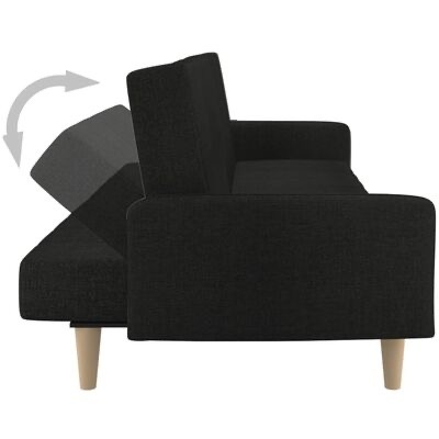 Sofá preto com encosto reclinável e pernas de madeira clara