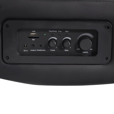 Painel de controlo preto com botões e rodízios para várias funções de áudio