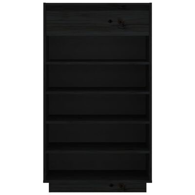 Estante preta de madeira com cinco prateleiras e gaveta