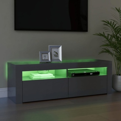 Móvel de sala cinzento escuro com iluminação verde e decoração