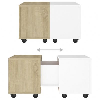 móvel moderno compósito de madeira clara e branco com gaveta central e rodas