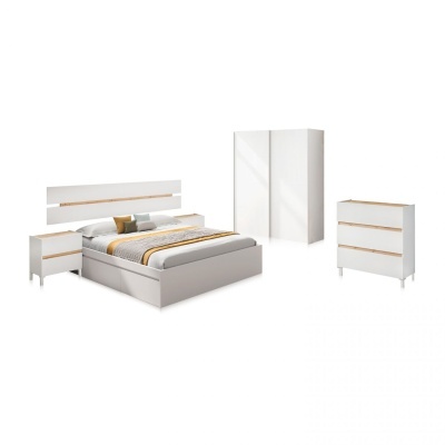 Conjunto de mobiliário de quarto branco com cama cinza, cabeceira com madeira clara, mesa de cabeceira, cómoda e roupeiro
