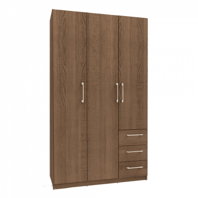 Armário de madeira castanha com três portas e gavetas com puxadores metálicos