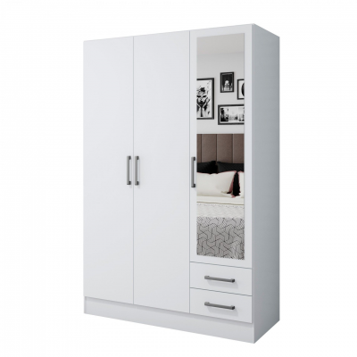 Roupeiro branco com três portas e espelho