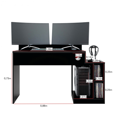 Mesa de computador preta com dois monitores, teclado e auscultadores, com medidas indicadas.