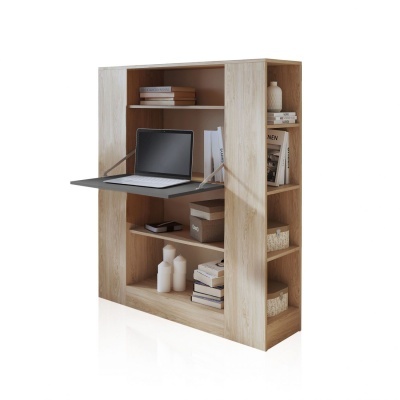 Estante multifuncional em madeira clara com mesa dobrável e prateleiras