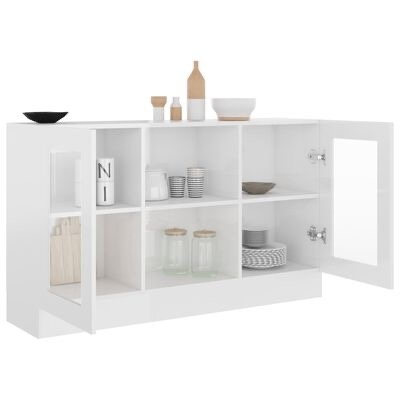 Aparador branco com prateleiras e porta de vidro contendo utensílios variados