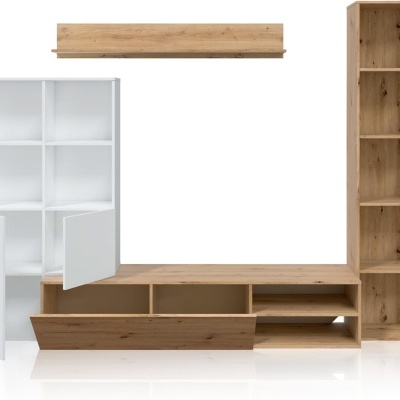 Conjunto de móveis sala com estante castanho claro, móvel TV castanho claro, estante branca e prateleira castanho claro