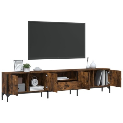 Móvel TV madeira castanha com portas, gaveta e decoração, TV preta na parede