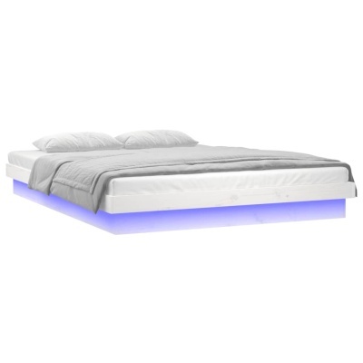 Cama de casal com base branca iluminada por luz LED azul