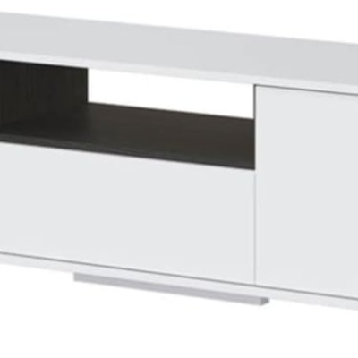 Móvel de televisão branco moderno com três portas e espaço aberto central