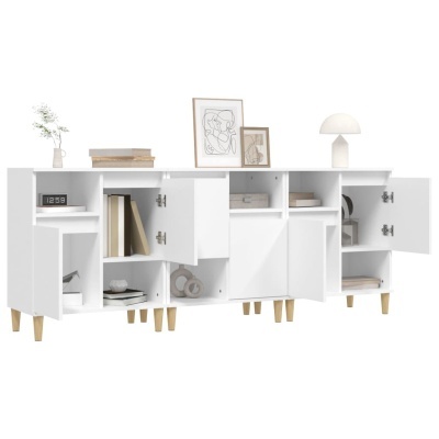 Aparador branco em madeira com portas abertas e decoração minimalista