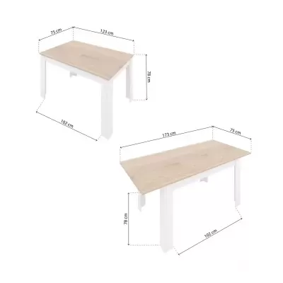 Duas mesas retangulares em madeira clara com pernas brancas e dimensões indicadas