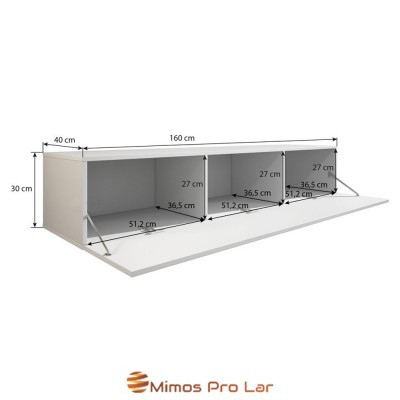 Aparador branco de parede com três compartimentos e portas basculantes abertas, com dimensões em cm e logo Mimos Pro Lar