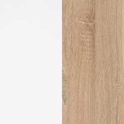 Duas superfícies retangulares lado a lado, branca e imitação madeira clara.