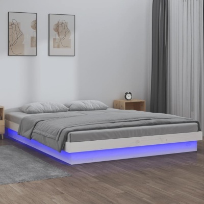 Cama moderna cinza com iluminação LED azul e decoração minimalista