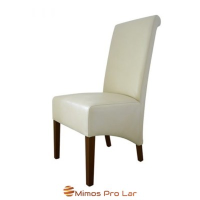 Cadeira estofada creme com pernas de madeira, texto Mimos Pro Lar