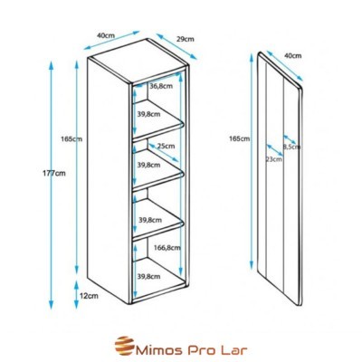Desenho técnico de estante branca com medidas detalhadas