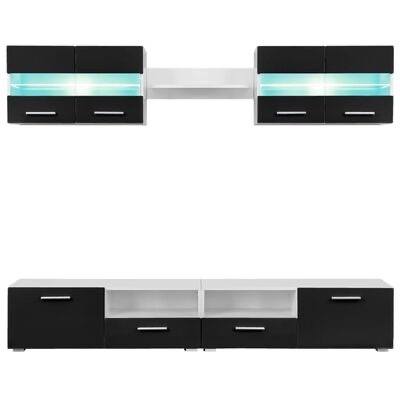 Conjunto de móveis preto e branco para sala de estar com iluminação LED