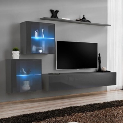 Conjunto de móveis cinza brilhante para sala com iluminação LED azul e TV