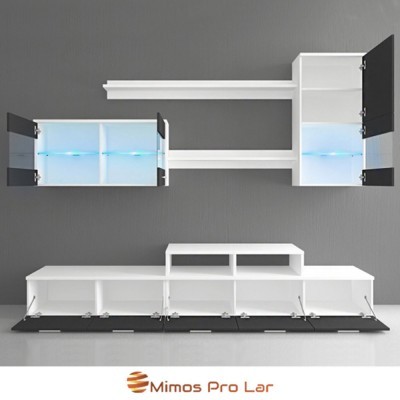 Conjunto de móveis modernos em branco e preto com iluminação azul e portas abertas contra parede cinzenta