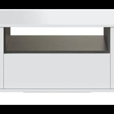 Móvel de sala branco com gaveta e espaço aberto