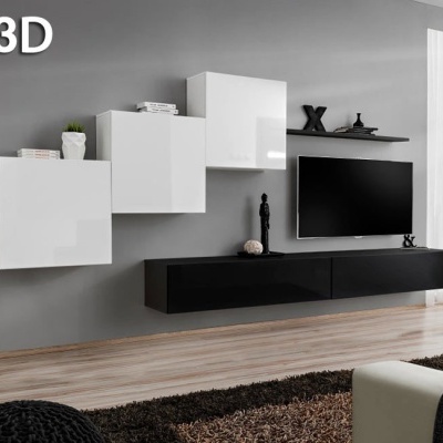 móveis suspensos brancos e pretos numa sala moderna com televisão