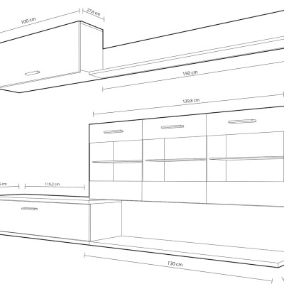Desenho técnico de conjunto de móveis com armários, estantes e compartimentos, com medidas em centímetros