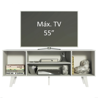 Móvel de TV branco com TV de 55 polegadas e decoração