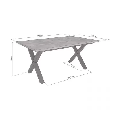 Mesa retangular cinza com pernas em X pretas e dimensões indicadas